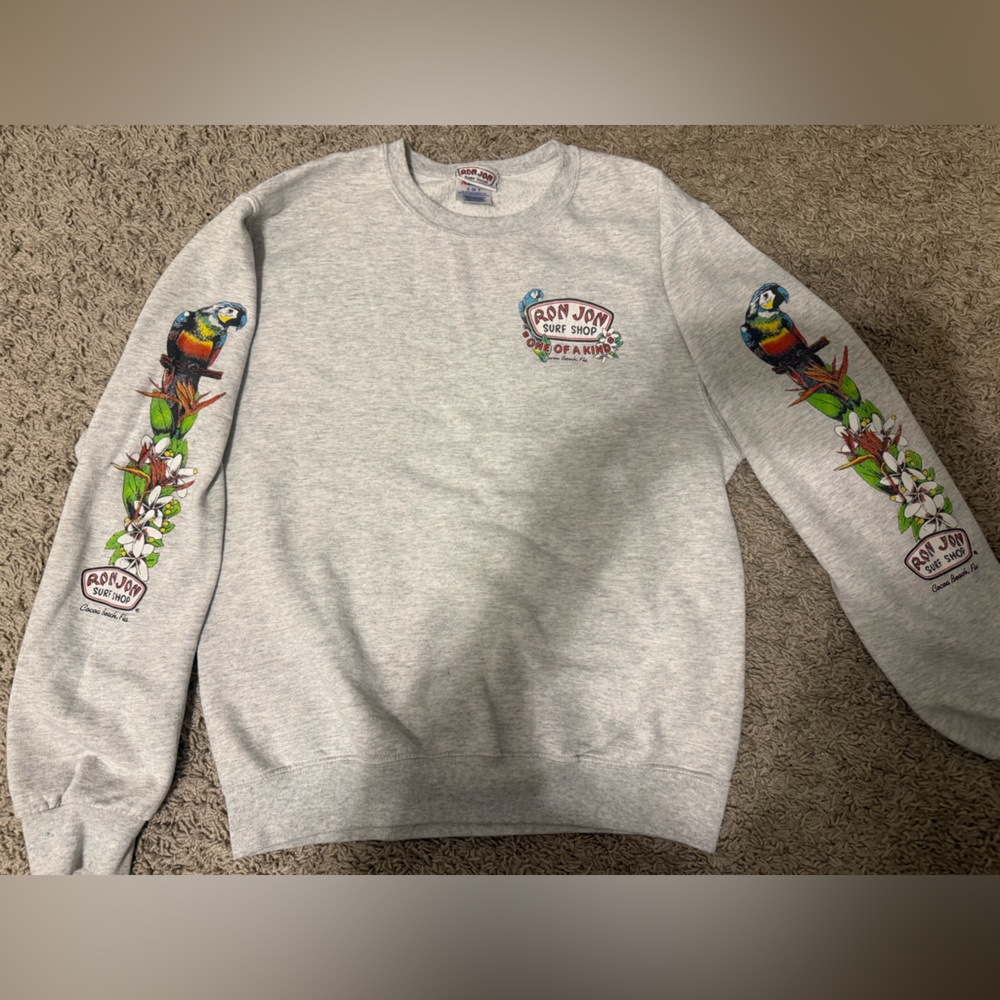 Ron Jon Light Gray Sweatshirt with Parrot and Floral Design
